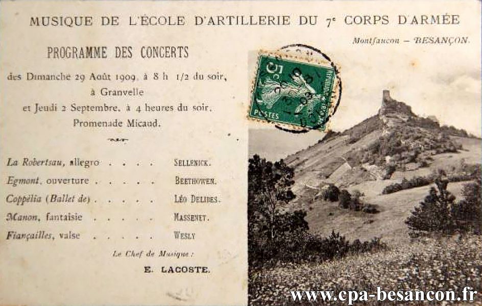Musique de l’École d'Artillerie du 7e Corps d'Armée - Montfaucon - Besançon - Programme des Concerts des Dimanche 29 Août 1909 à 8 h 1/2 du soir, à Granvelle et Jeudi 2 Septembre, à 4 heures du soir, promenade Micaud.